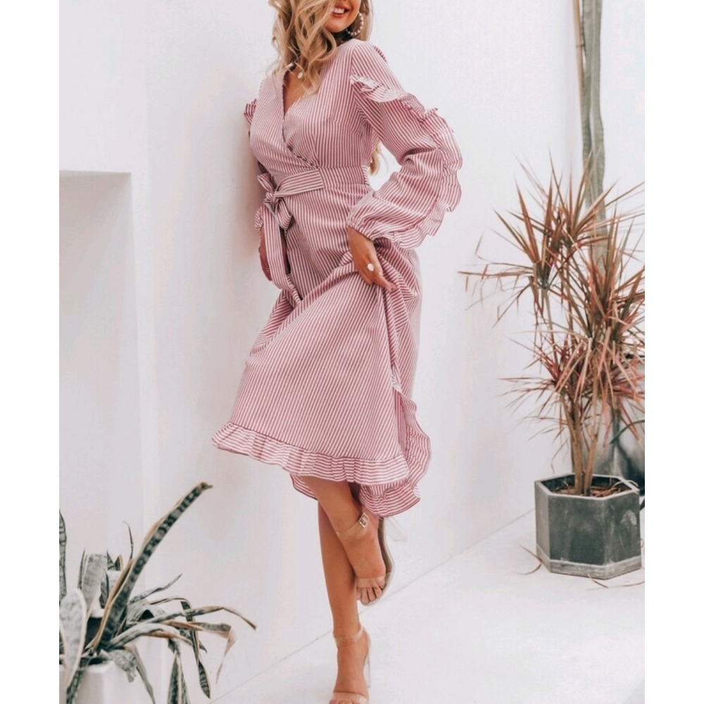 Ruffle Surplice Neck Striped Midi Dress